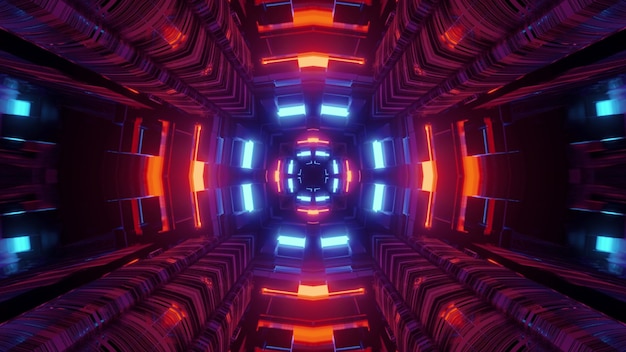 Streszczenie 3d ilustracji wibrującej futurystycznej perspektywy tunelu science fiction z geometrycznymi kształtami i świecącym czerwonym i niebieskim neonowym oświetleniem