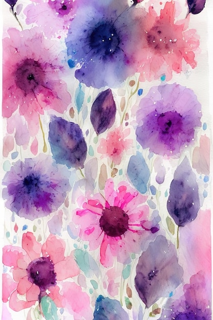 Zdjęcie streszczenie akwarela malarstwo na papierze różowy fioletowy niebieski kolory ai generowane