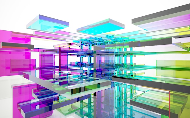 Streszczenie architektoniczne szkło gradientowe wnętrze minimalistycznego domu z dużymi oknami 3D