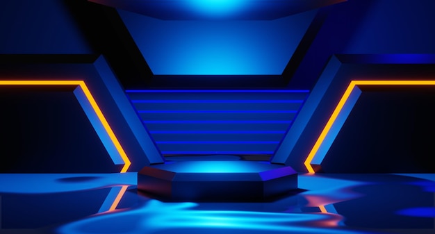 Streszczenie backgound gra wideo esports scifi gry cyberpunk vr symulacja wirtualnej rzeczywistości i scena metaverse stojak na cokole scena ilustracja 3d renderowanie futurystyczny neon blask pokój