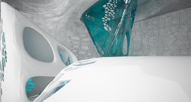 Streszczenie betonowe parametryczne wnętrze z oświetleniem neonowym ilustracja 3D i renderowanie