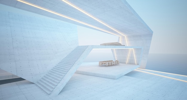 Streszczenie betonu architektonicznego z drewna i szkła wnętrza nowoczesnej willi nad morzem