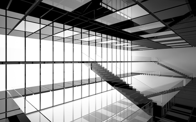 Zdjęcie streszczenie białe i czarne wnętrze wielopoziomowej przestrzeni publicznej z oknem. ilustracja i renderowanie 3d