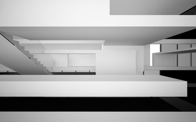 Streszczenie białe i czarne wnętrze wielopoziomowej przestrzeni publicznej z oknem. Ilustracja i renderowanie 3D
