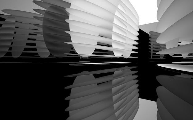Streszczenie białe i czarne wnętrze wielopoziomowej przestrzeni publicznej z oknem. Ilustracja i renderowanie 3D