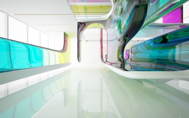 Streszczenie białe i kolorowe okulary gradientowe wnętrze wielopoziomowej przestrzeni publicznej z oknem. 3D
