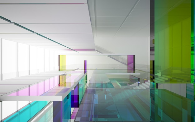 Streszczenie białe i kolorowe okulary gradientowe wnętrze wielopoziomowej przestrzeni publicznej z oknem. 3D