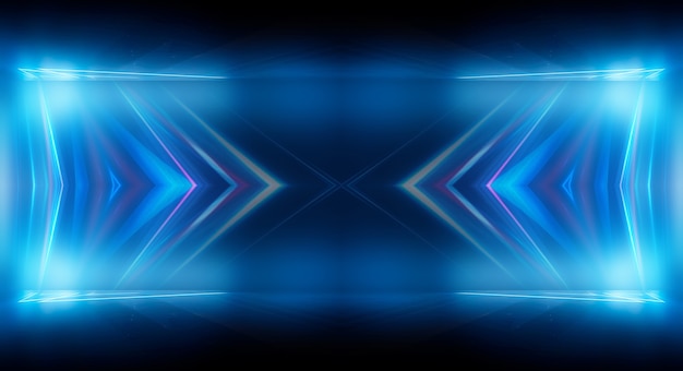 Streszczenie ciemne tło futurystyczne Niebieskie promienie światła neonowego odzwierciedlają