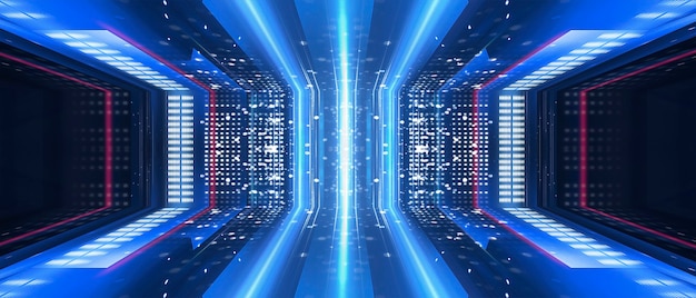 Streszczenie ciemne tło futurystyczny Niebieskie promienie światła neonowego odbijają się od wody