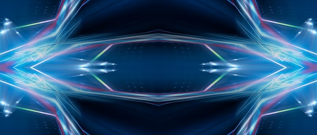 Streszczenie ciemne tło futurystyczny Niebieskie promienie światła neonowego odbijają się od wody