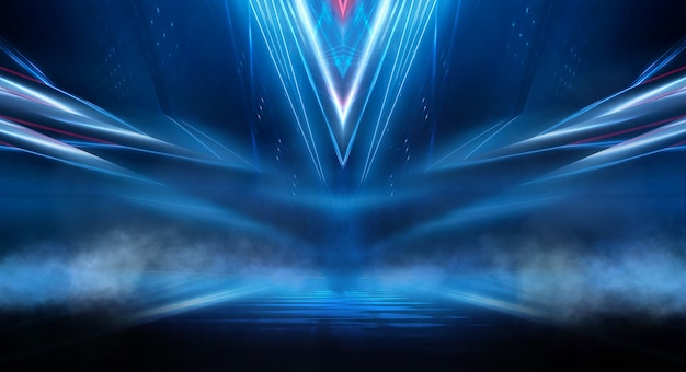 Streszczenie ciemne tło futurystyczny Niebieskie promienie światła neonowego odbijają się od wody