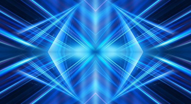 Zdjęcie streszczenie ciemne tło futurystyczny niebieskie promienie światła neonowego odbijają się od wody