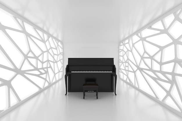 Streszczenie czarny fortepian w oświetlonym białym abstrakcyjnym pustym korytarzu otwartej przestrzeni lub wnętrzu pokoju renderowania 3d