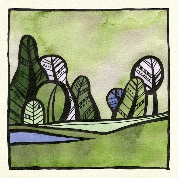 Zdjęcie streszczenie dekoracyjny krajobraz akwarela ilustracja spokojne tło akwarela z drzew krzewy i wzgórza akwarela malarstwo z czarnym tuszem kontur i wzory plakat tło karty