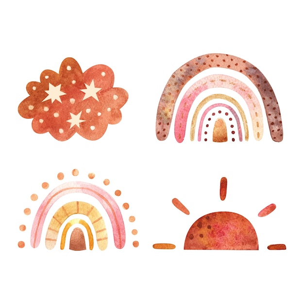 Streszczenie dzieci akwarela raindow zestaw clipart z boho tęczy ilustracja sztuki przedszkola w modnym skandynawskim stylu