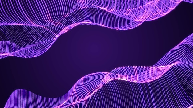 Streszczenie Fioletowy Hologram Energii Linii Siatki Fala Płynąca W Cyberprzestrzeni, Sci-fi Sztuka Cyfrowa Geometryczne Cząstki światła Powierzchnia Futurystyczna Technologia Tło, Ilustracja Renderowania 3d