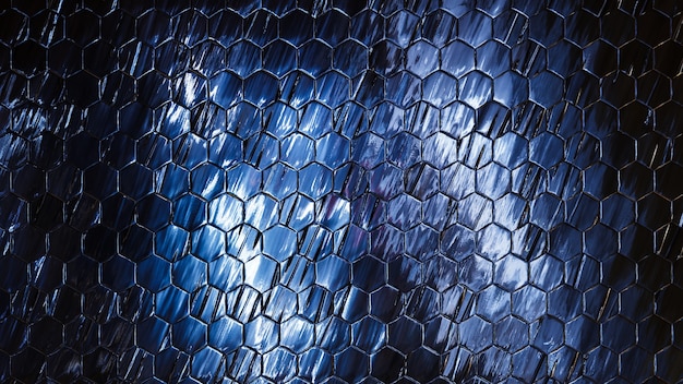 Streszczenie futurystyczne ciemne metalowe sześciokąty ze świecącym czerwonym światłem, renderowanie 3D