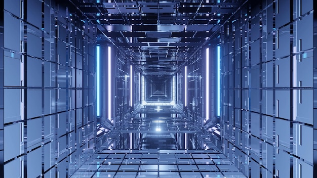 Streszczenie futurystyczne tło korytarza ze świecącymi niebieskimi i białymi światłami