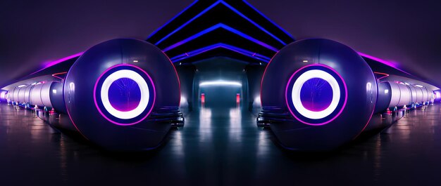 Streszczenie futurystyczny portal korytarza neonowego nowoczesnego niebieskiego neonu w tle wiązki laserowe ilustracja 3D