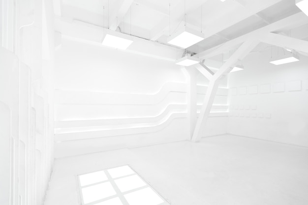 Streszczenie futurystyczny pusty pokój wnętrze w kolorze białym z oświetleniem w stylu statku kosmicznego. geometryczna dekoracja na ścianach.
