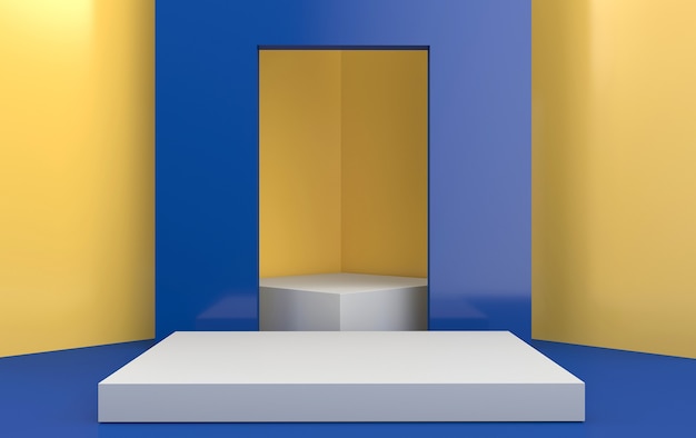 Streszczenie geometryczny kształt grupa zestaw żółte tło studio geometryczny niebieski portal prostokąt biały cokół renderowania 3d