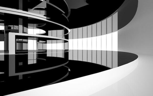 Streszczenie gładkie architektoniczne białe i czarne błyszczące wnętrze minimalistycznego domu z dużym oknem