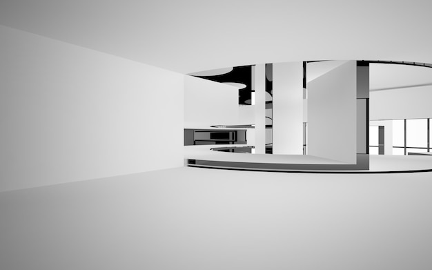 Streszczenie gładkie architektoniczne białe i czarne błyszczące wnętrze minimalistycznego domu z dużym oknem