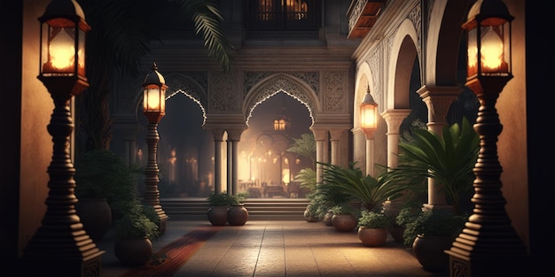 Streszczenie Islamskie wnętrze z latarniami łuki drzwi i rośliny niewyraźne tło Ramadan Lantern