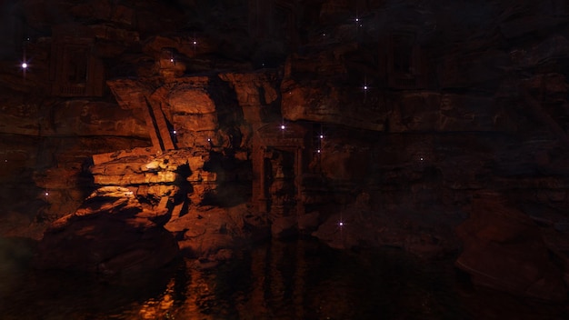 Streszczenie jaskini w kanionie tło dla reklamy w scenie przyrody i przygody.