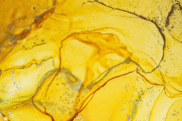 Streszczenie jasny błyszczący kolor płynnego tła ręcznie rysowane obraz alkoholowy ze złotymi smugami tekstury płynnego atramentu do projektowania tła