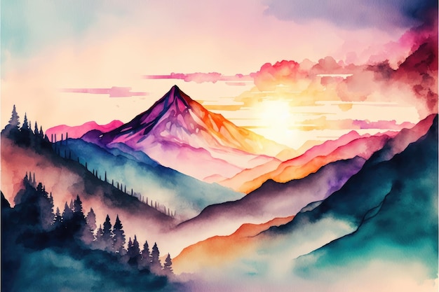 Streszczenie kolorowych gór w słońcu lekki obraz na akwareli