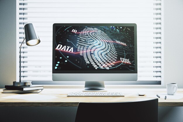 Zdjęcie streszczenie kreatywny hologram linii papilarnych na nowoczesnym monitorze komputera ochrona koncepcji informacji osobistych renderowanie 3d