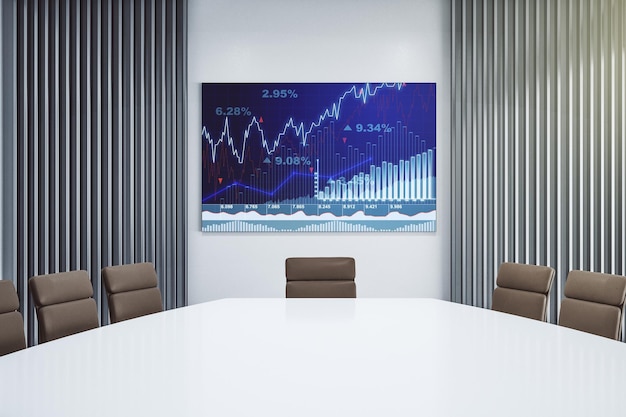 Streszczenie kreatywny schemat finansowy na monitorze prezentacyjnym w nowoczesnej koncepcji bankowości i rachunkowości w sali konferencyjnej Renderowanie 3D