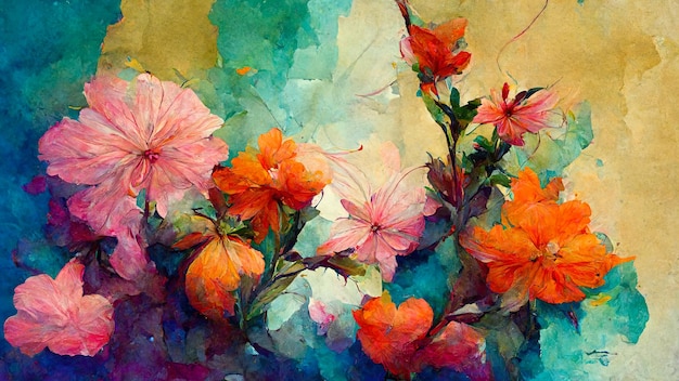 Streszczenie kwiatowy rysunek bukiet na tle imitujące farby olejne ilustracja na temat