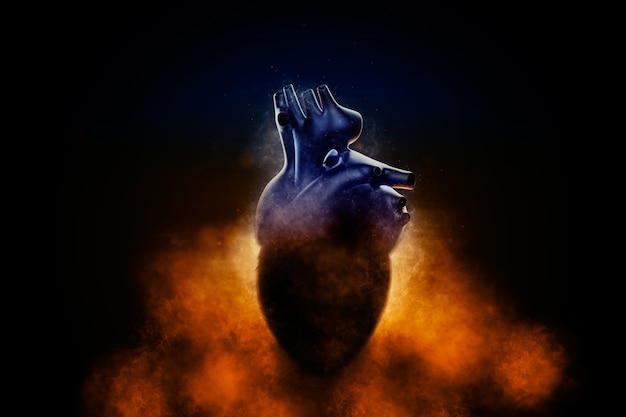 Streszczenie ludzkie serce w dymie na czarnym tle. Ilustracja 3D.