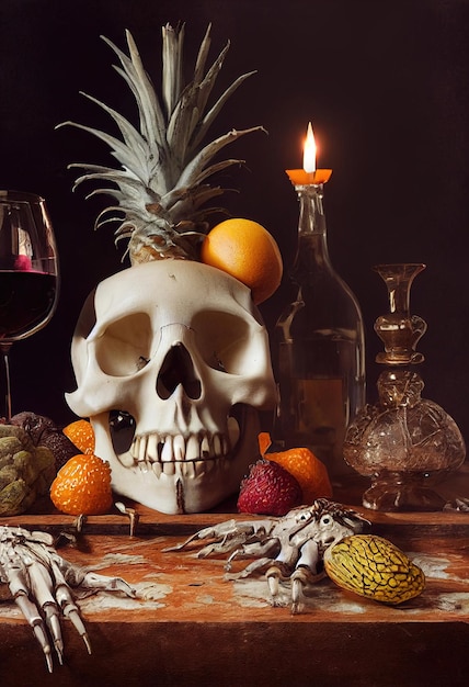 Streszczenie martwa natura z rocznika czaszki na antycznym stole z winem owocowym świecy i pająkami.