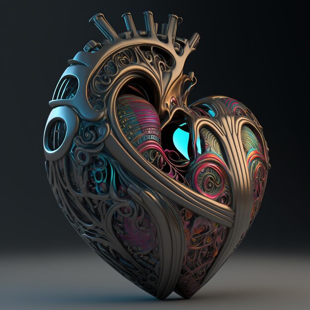 Zdjęcie streszczenie metalowe serce z maoryskim wzorem renderowania 3d generative ai