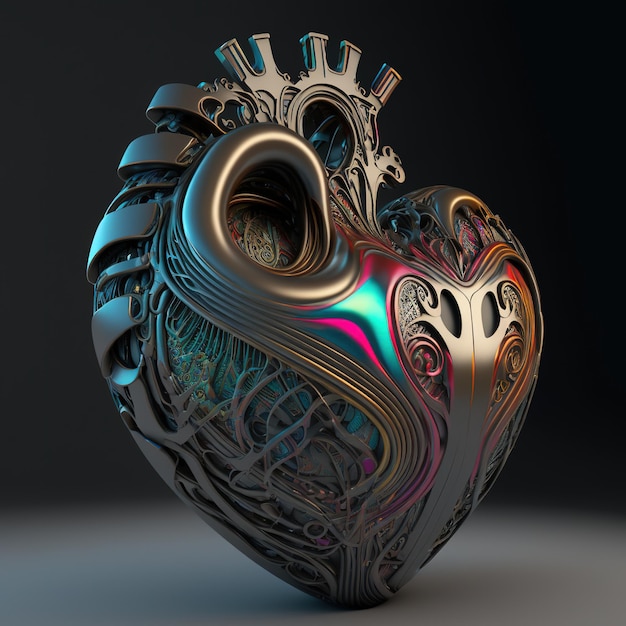 Streszczenie metalowe serce z maoryskim wzorem renderowania 3d Generative AI