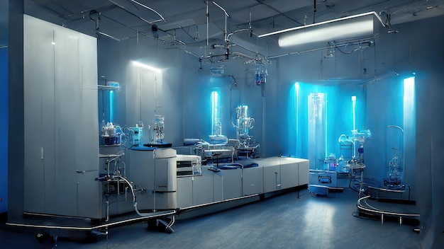Streszczenie naukowe medyczne wnętrze rozmazane tło Niebieskie światło Koncepcja badań medycznych Ai render