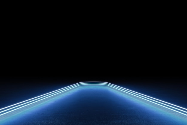 Streszczenie niebieski futurystyczny korytarz z pustym miejscem na makiety na czarnym tle Renderowanie 3D