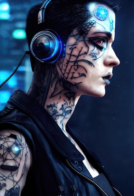 Streszczenie Portret Dziewczyny Cyberpunk. Zaawansowana Technologicznie Futurystyczna Kobieta Z Przyszłości.