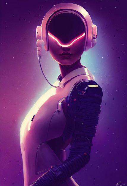 Streszczenie Portret Scifi Neon Cyberpunk Dziewczyna W Cyber Garniturze. Zaawansowany Technologicznie Futurystyczny Mężczyzna.