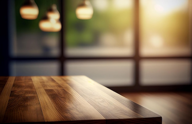 Streszczenie pusty drewniany stół biurkowy z miejsca na kopię nad wnętrzem nowoczesnego pokoju z niewyraźnym wyświetlaczem tła do montażu produktu