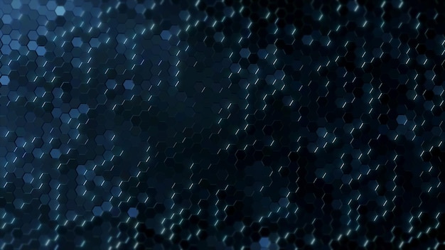 Streszczenie renderowania 3D sześciokąta o strukturze plastra miodu Sześciokąty poruszają się po ciemnoniebieskiej powierzchni