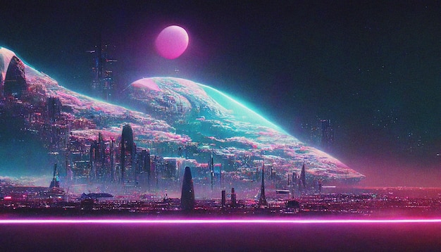 Streszczenie retro futurystyczny krajobraz synthwave scifi w przestrzeni z gwiazdami Vaporwave stylizowana ilustracja 3D dla muzyki EDM Ai render