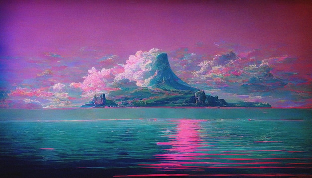 Streszczenie retro futurystyczny krajobraz synthwave scifi w przestrzeni z gwiazdami Vaporwave stylizowana ilustracja 3D dla muzyki EDM Ai render