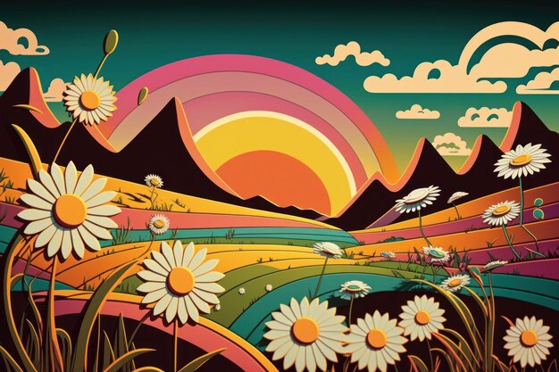 Streszczenie retro psychodeliczny fantazyjny krajobraz z żywymi kolorami pól daisy kwiaty i słońce