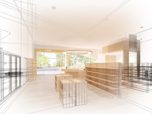 Streszczenie szkic projektu renderowania 3d supermarketu