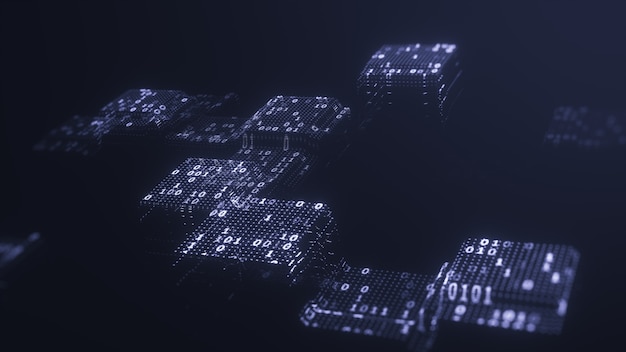 Streszczenie Technologia Koncepcja Dużych Danych. Big Data Kod Binarny Futurystyczna Technologia Informacyjna, Przepływ Danych. Przesyłanie Dużych Zbiorów Danych I Przechowywanie łańcucha Bloków, Serwera, Szybkiego Internetu. Renderowanie 3d.