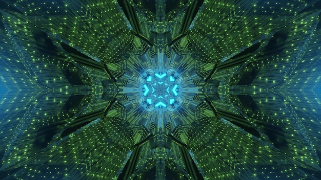 Streszczenie trippy tło w zielonych i niebieskich neonowych kolorach ze świecącymi geometrycznymi kształtami